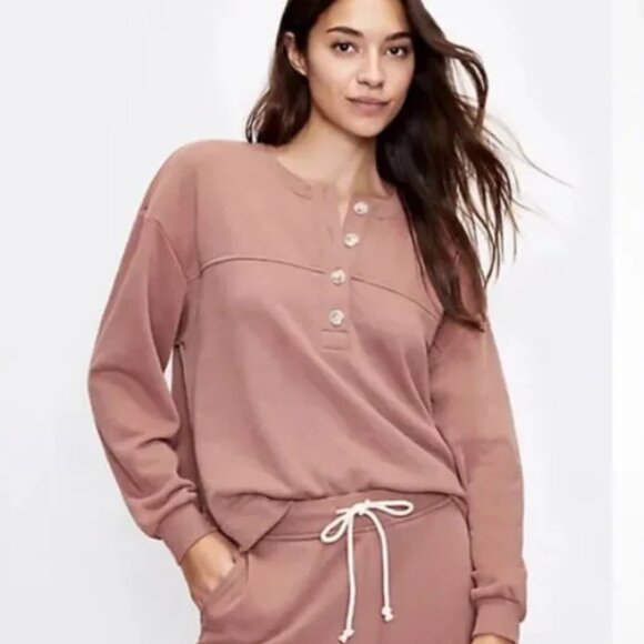 Lou & Grey Loft Cocoa Brown Soft Cotton Blend Terry Lined Pullover Buttons Large - Picture 1 of 9